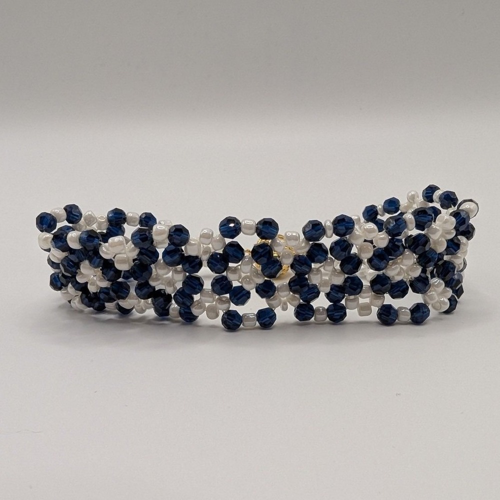 Navy Blue and White Beaded Floral Bracelet with Magnetic Closure 7.5" Length